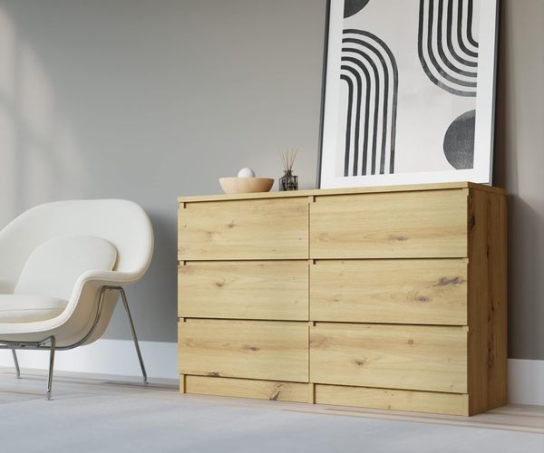 3xEliving Demi Sideboard Kommode 6 120cm - mit 6 Schubladen Größen (Artisan Eiche)