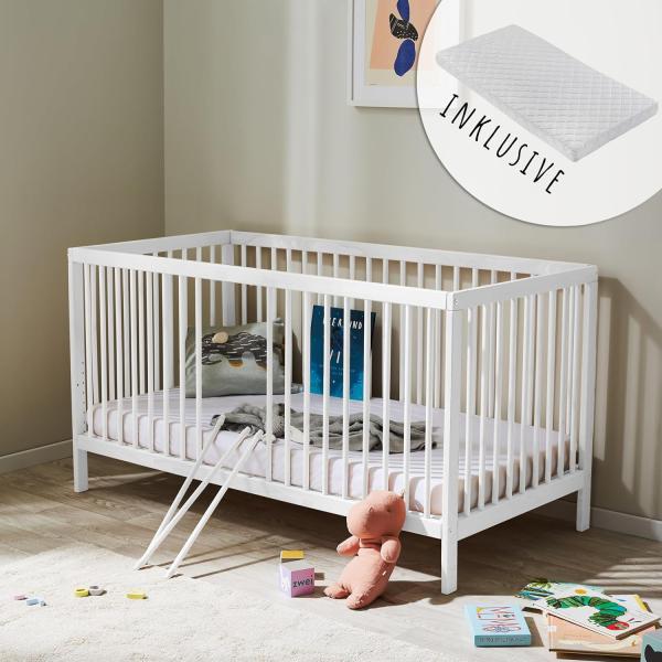 Babybett Kinderbett Gitterbett 60x120 mit Matratze höhenverstellbar & herausnehmbare Sprossen | Buchenholz weiss sehr stabil Made in Europe