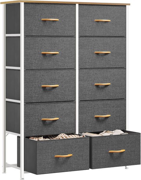 YITAHOME Kommode, Kommode mit 10 Schubladen, Stoffkommode für Schlafzimmer, Wohnzimmer, Schrank,Stabiler Stahlrahmen, Leicht zu Ziehen, Stoffkörbe und Holzoberfläche, Grau
