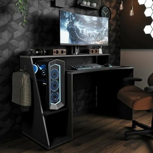 Dmora - Schreibtisch Lot, Mehrzweckschreibtisch, Bürotisch für PC, Eckschreibtisch, 138x67 h94 cm, Dunkelgrau und Schwarz