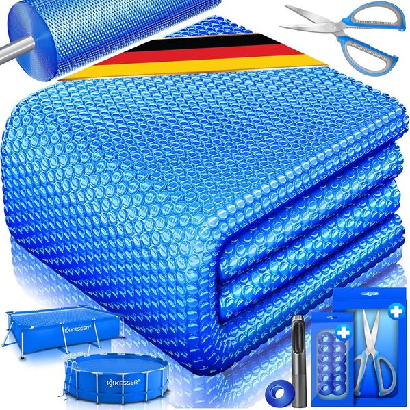 KESSER® Pool Solarfolie 400 µm | Solarplane Poolabdeckung | Solarabdeckplane flexibel zuschneidbar | Poolplane für Wassererwärmung | Solarabdeckung mit Schere, Lochzange & 12 Ösen Blau, 732 x 366cm
