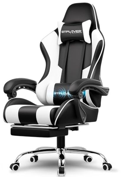 GTPLAYER Gaming Stuhl mit Lautsprecher Bürostuhl Schreibtischstuhl Serie Musik Audio Gamer Stuhl Drehstuhl Ergonomisches PC Stuhl Multi-Funktion E-Sports Chefsessel (Schwarz-weiß)