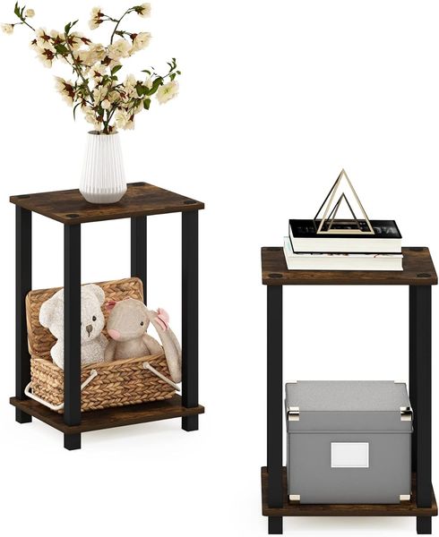 Furinno Simplistic Klein Beistelltisch, 2er-Set, Bernsteinkiefer/Schwarz
