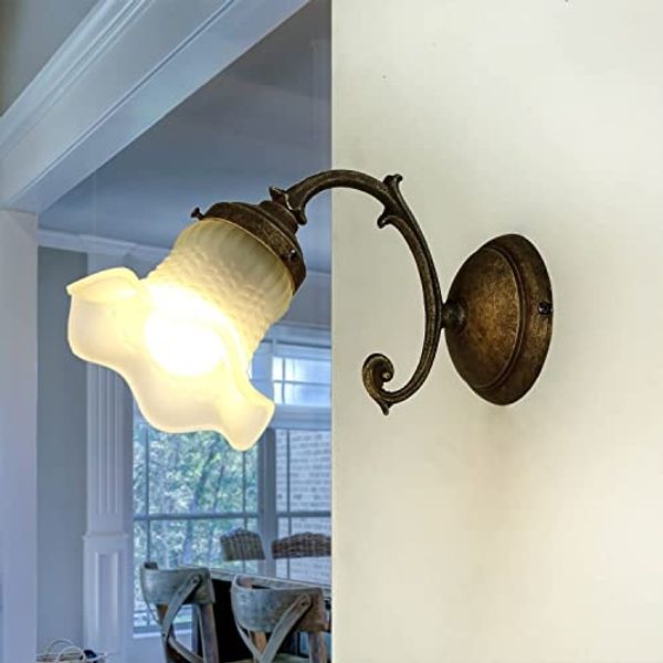 Licht-Erlebnisse Wandleuchte RICCIOLO, ohne Leuchtmittel, Wandlampe Weiß Glasschirm Messing Bronze Antik Lampe