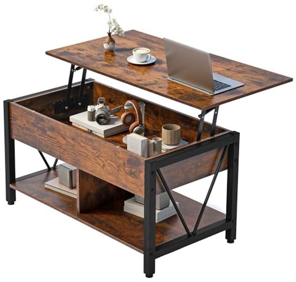 YITAHOME Höhenverstellbarer Couchtisch im Industrie-Design mit verstecktem Stauraum & Ablage, Multifunktionaler Wohnzimmertisch mit Gasdruckfeder, Ideal als Arbeits- oder Esstisch, Vintage-Braun