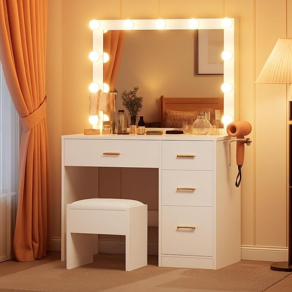 YITAHOME Schminktisch mit Spiegel, Kosmetiktisch mit 4 Schubladen, Frisiertisch mit Hocker, Beleuchtung, Steckdose, Weiß (Make Up Tisch, Frisiertisch, Kosmetiktisch, Vanity Table)
