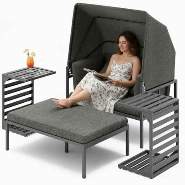 Melko Gartenlounge-Set Sonneninsel inkl. Sonnendach Strandkorb Sonnenliege Aluminium Grau, (wetterfest, resistent gegen Regen, Salzwasser und intensive Sonneneinstrahlung, 3-tlg, inkl. 2 extra dicke und weiche Kissen inkl. Reißverschluss), 2 Beistellti...