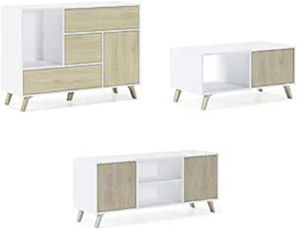 Skraut Home – Sideboard+TV-Schrank+Couchtisch Wohnzimmer-Set – Modell Wind – Esszimmer-Set – Widerstandsfähige Struktur – Einfache Montage – Weiß/Puccini-Finish Bild 1