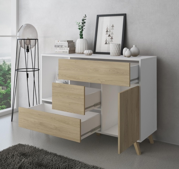 Skraut Home – Sideboard+TV-Schrank+Couchtisch Wohnzimmer-Set – Modell Wind – Esszimmer-Set – Widerstandsfähige Struktur – Einfache Montage – Weiß/Puccini-Finish Bild 4