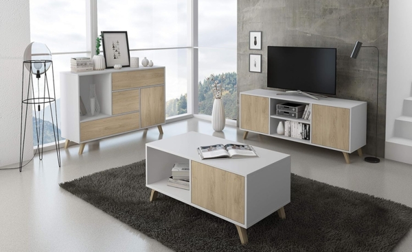 Skraut Home – Sideboard+TV-Schrank+Couchtisch Wohnzimmer-Set – Modell Wind – Esszimmer-Set – Widerstandsfähige Struktur – Einfache Montage – Weiß/Puccini-Finish Bild 2