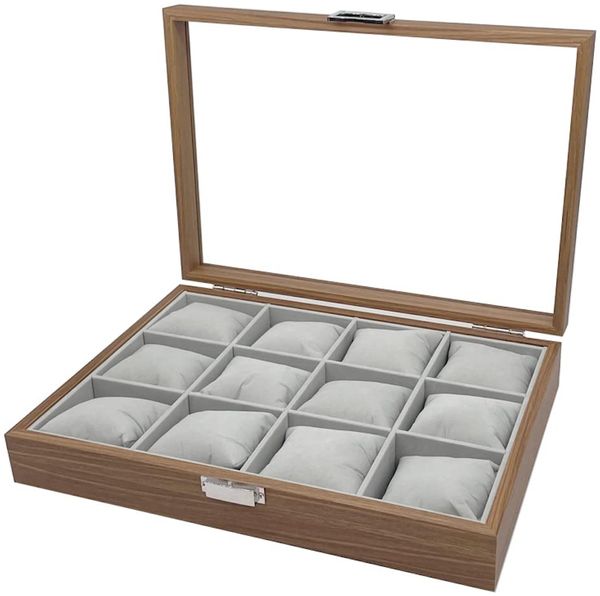 mixed24 Schmuckkasten Holz Uhrenkoffer für 12 Uhren, mit Echtglas Deckel
