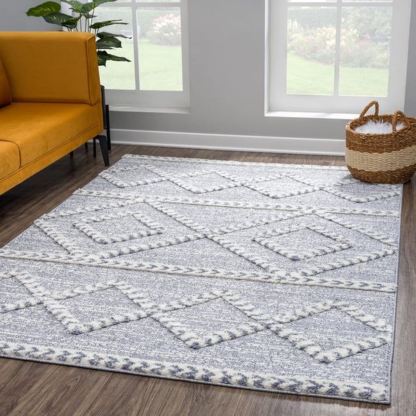 Teppich Wohnzimmer - Hochflor - Boho - Pastellgrau Creme - 80x150cm - Modern Raute Muster - Skandinavisch Flauschig Weich - Wohnteppich Schlafzimmer Dekoration