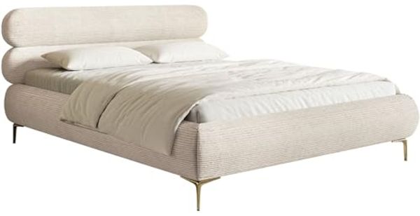 Selsey Polsterbett 140x200 cm Cord Hellbeige – Bett mit Stauraum und Bettkasten, gepolstertes Bett mit Lattenrost und Metallrahmen, Doppelbett Schlafzimmer mit goldfarbenen Füßen und Gasdruckfedern