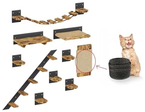 QLS Katzen-Kletterwand LOFT Wandmontage, Set Aus Metall pulverbeschichtet und Holz Geflammt 10 Teilig Bild 5