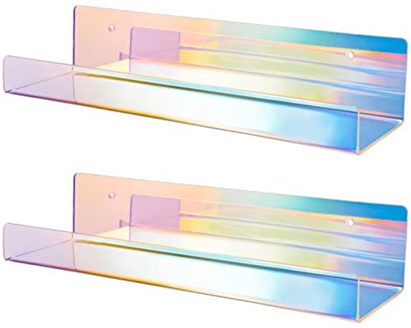 NiHome Attom Tech schillerndes Wandregal aus transparentem Acryl, 38,1 cm dick, unsichtbare Wandleiste, Bücherregal für Kinder, Bücherregal für Zuhause, Büro, Schule, Geschäft, 2 Stück