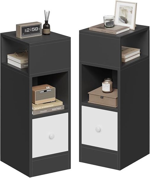 EUGAD 2er Set Nachttische schmal mit 2 offenen Ablagen 1 Schublade, schmaler Kleiner Nachtschrank im Schlafzimmer, 25 x 66 x 30 cm, Nachtkästchen Platzsparend, aus Holzwerkstoff, dunkelgrau, 0010CTG-2