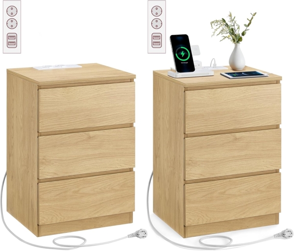 VASAGLE Nachttisch mit Steckdosenleiste, 2er Set, Beistelltisch, 3 Schubladen, 2 AC-Steckdosen, 2 USB-A-Anschlüsse, Wohnzimmer, Schlafzimmer, Arbeitszimmer, modern, strohgelb LETDE831Y70