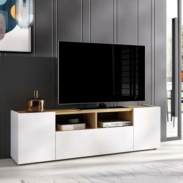 Dmora - TV-Schrank Etna, niedriges Sideboard für Wohnzimmer, TV-Sideboard für Wohnzimmer, 142x35h44 cm, Weiß und Eiche Nodi