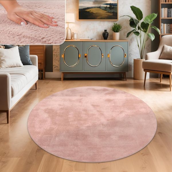 Paco Home Hochflor Teppich Wohnzimmer Flauschig Fellteppich Kunstfell Plüsch Shaggy Weich Fellimitat, Grösse:200 cm Rund, Farbe:Pink