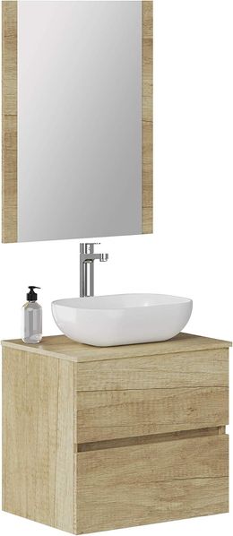 Baikal Badezimmerschrank Onyx, 2 Schubladen, hängend, mit Keramikwaschbecken, montiertes Waschbecken, Melamin 16, F46 + Top + Waschbecken + Spiegel, 60 cm Nature