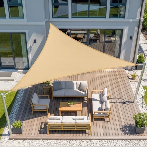 LOVE STORY Sonnensegel Wasserdicht 5 x 5 x 5 m Dreieckig PES Polyester Sonnenschutz Windschutz Balkon Terrasse 95% UV-Schut,für Balkon Garten,Sandbeige