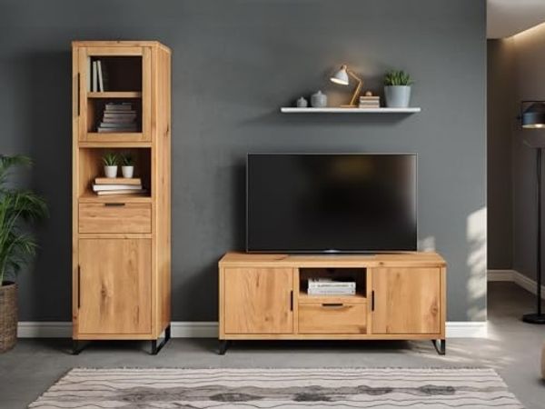 Wohnwand Wildeiche massiv 2tlg. massivum Sydney braun mit Vitrine TV-Lowboard 50x185x41 cm Wohnzimmermöbel modern