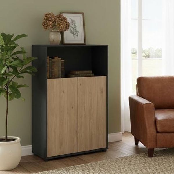 Dmora - Bücherregal Perrine, Büroregal, Mobiler Buchhalter, Bücherbrett, 80x34 h124 cm, Eiche und Grau