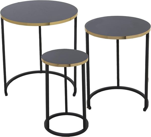 DRW Set mit 3 runden Beistelltischen aus Holz und Metall in Schwarz und Gold, 48x58 cm, 38x52,5 und 28x48 cm