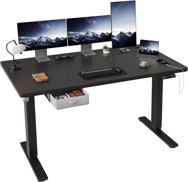JUMMICO Höhenverstellbarer elektrischer Stehtisch 160x80 cm mit Schublade und Haken – Höhenverstellbarer Sitz-Steh-Tisch mit stabilem Stahlrahmen, breiter Stehtisch für das Homeoffice, schwarz