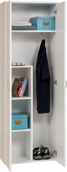 Furni24 Holz Putzmittelschrank, Wäscheschrank aus Holz mit Türen, Kleiderschrank aus Holz, Garderobenschrank, Mehrzweckschrank, Schrank & Putzschrank, 2 Tür Mit Haken und 3 Regale, weiß, 60 x 34 x 180 cm… Bild 4
