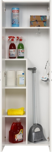 Furni24 Holz Putzmittelschrank, Wäscheschrank aus Holz mit Türen, Kleiderschrank aus Holz, Garderobenschrank, Mehrzweckschrank, Schrank & Putzschrank, 2 Tür Mit Haken und 3 Regale, weiß, 60 x 34 x 180 cm… Bild 3