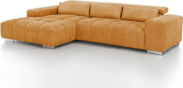 Mivano Eckcouch Orion / Großes Ecksofa mit XL-Recamiere, Kopfteilfunktion und Kissen / 307 x 73 x 186 / Mikrofaser, Gelb