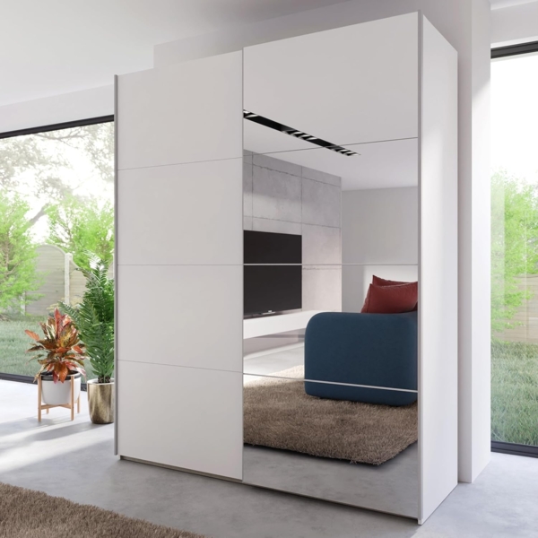 Forte Schach & MATT 2 Schrank 170, moderner Kleiderschrank 2-türig mit Spiegel, Schwebetürenschrank, Holzwerkstoff, Weiß, 170,3 cm breit x 210,5 cm hoch x 61,2 cm tief