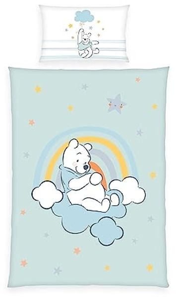 Herding Babybettwäsche WINNIE POOH, 100 x 135 cm, Blau, Weiß, Grau, Baumwolle, 2 teilig, mit Reißverschluss