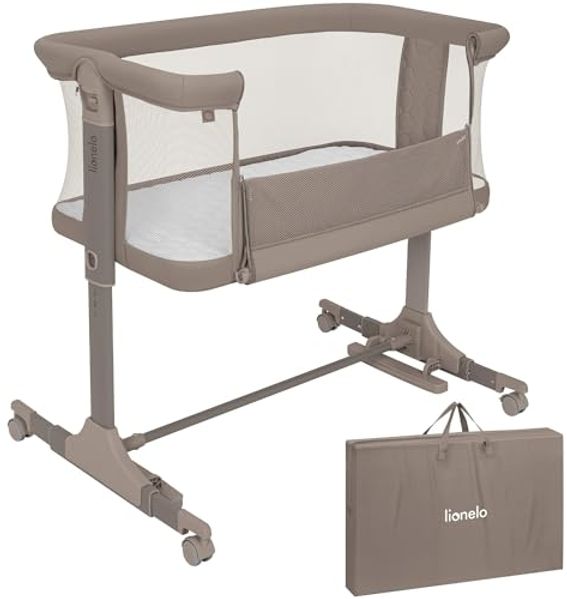 Lionelo Pari Beistellbett 3in1, 6-Fach höhenverstellbar mit Neigungsverstellung für Boxspringbett, als Wiege & Babybett, Netzseiten, Rollen mit Bremse, Matratze, Gurte, Transporttasche, 84x48 cm