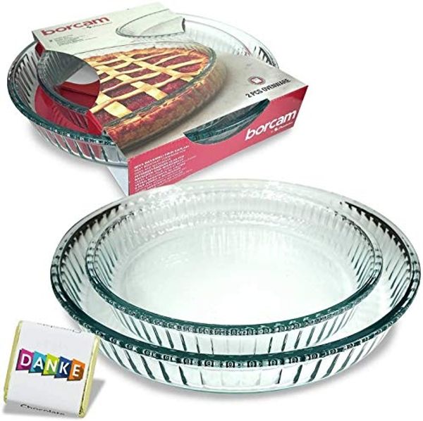 Pasabahce PB-159022 2-tlg. Borcam Auflaufformen, Rund, 1 x Ø 26 cm Höhe: 5cm 1 x Ø 32 cm Höhe: 5,5cm Spülmaschinen-, Mikrowellen-, Backofen- und Eisschrankgeeignet
