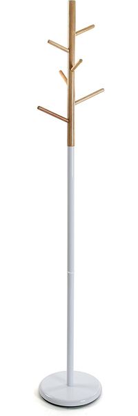 Versa Malmö Minimalistischer Garderobenständer für den Eingangsbereich, mit 9 Haken für Kleidung oder Taschen für die Halle, Maßnahmen (H x L x B) 171 x 28 x 28 cm, Metall und Holz, Farbe: Weiß
