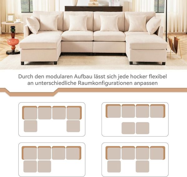 Ball & Cast U-förmiges Eckcouch mit Schlaffunktion, 4-Sitzer Sofa mit 2 Fußhocker für das Wohnzimmer Wohnung Villa, 278 x 81 x 161 (BxHxT), Beige Bild 6