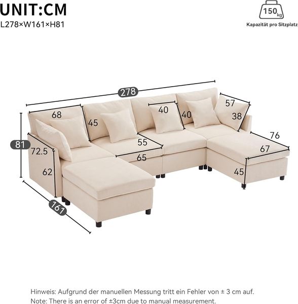 Ball & Cast U-förmiges Eckcouch mit Schlaffunktion, 4-Sitzer Sofa mit 2 Fußhocker für das Wohnzimmer Wohnung Villa, 278 x 81 x 161 (BxHxT), Beige Bild 2
