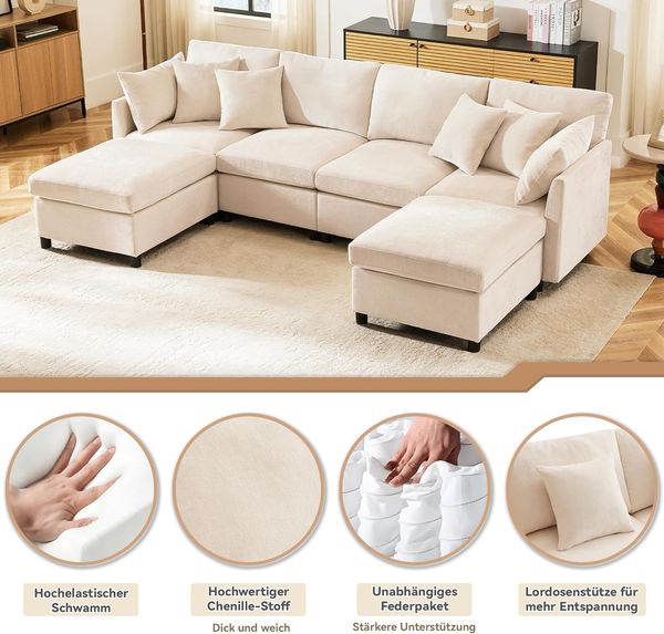 Ball & Cast U-förmiges Eckcouch mit Schlaffunktion, 4-Sitzer Sofa mit 2 Fußhocker für das Wohnzimmer Wohnung Villa, 278 x 81 x 161 (BxHxT), Beige Bild 8