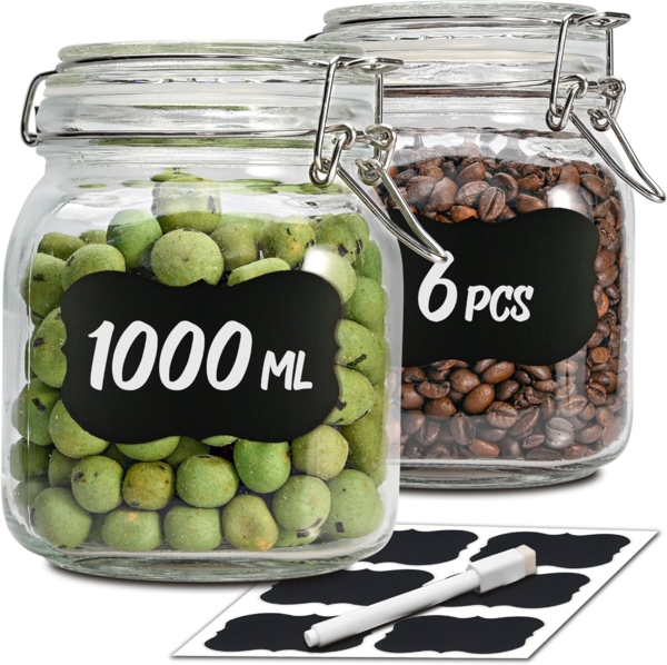 Praknu Vorratsglas 6 Einmachgläser mit Bügelverschluss 1l - Mit Etiketten, Stift und, Glas, (Set, 6-tlg), Luftdichte Deckel mit Dichtung, Vorratsbehälter für Lebensmittel