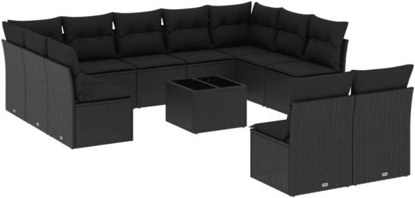 vidaXL 12-tlg. Garten-Sofagarnitur mit Kissen Schwarz Poly Rattan 3250194