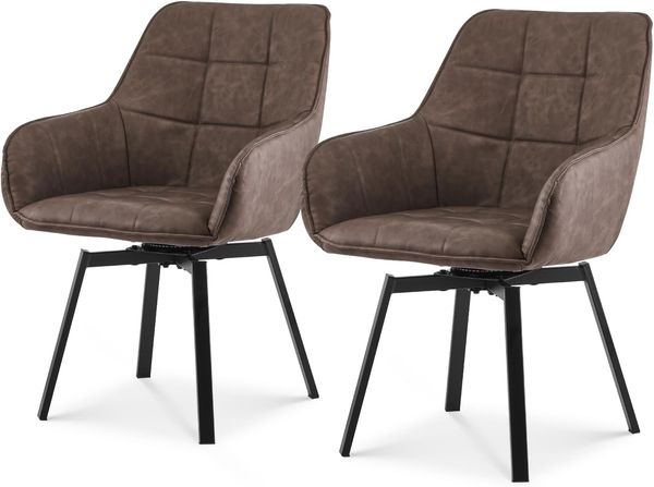 TUKAILAI Esszimmerstühle Drehbar 2er Set, Drehstuhl esszimmer Kunstleder mit Armlehnen Rückenlehne Gepolsterter Sitz Metallbeine, Armlehnstuhl Küchenstühle Polsterstuhl Sessel für Küche (Braun)