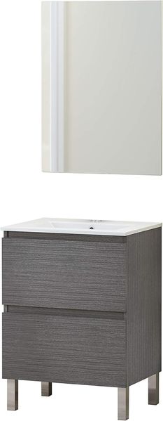 Baikal Badezimmermöbel-Set mit Waschbecken und Spiegel, mit Füßen, in verschiedenen Ausführungen, Melamin 16, Tür + Schublade, 60 cm, Asche