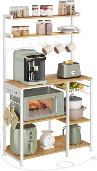 Vasagle Küchenregal, Standregal mit Steckdosen, Mikrowellen-Regal, kaffeebar, Bäckerregal, 8 S-Haken, mit Korb, Gewürzregal, goldeichenfarben-wolkenweiß KKS031Y19