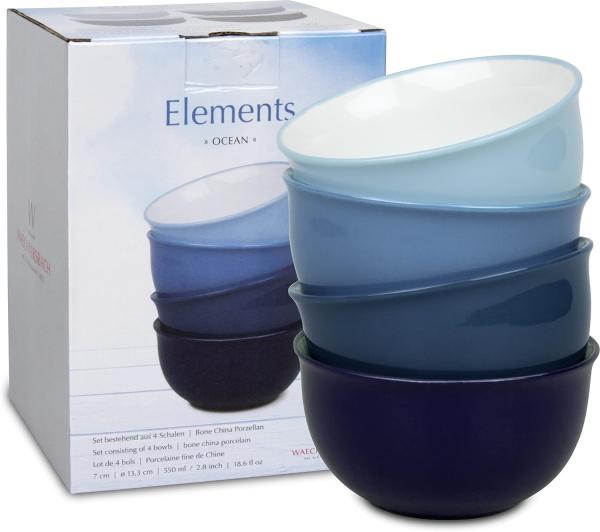 Waechtersbach Elements Ocean Müslischalen 4er Set, Schüsseln, Schalen, im Geschenkkarton, Bone China, Blau, Ø 13 cm, 41 5 972 5000