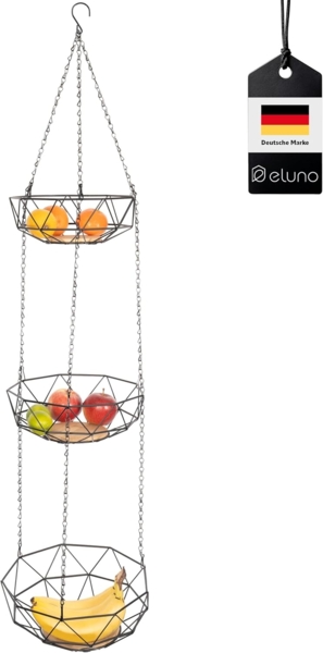 eluno Obstschale Küchenampel mit 3 Etagen aus schwarzem Metall & Bambus