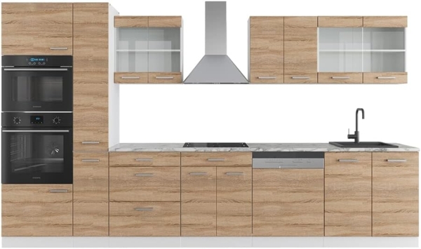 Küchenzeile R-Line Sonoma/Weiß 350 cm mit Hochschrank, ohne Arbeitsplatte Vicco