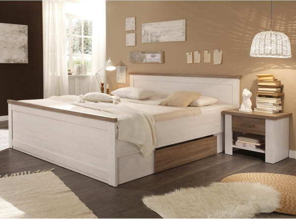 Bett >Lebbie< in Pinie Weiß - 186x91/49x42cm (BxHxT)