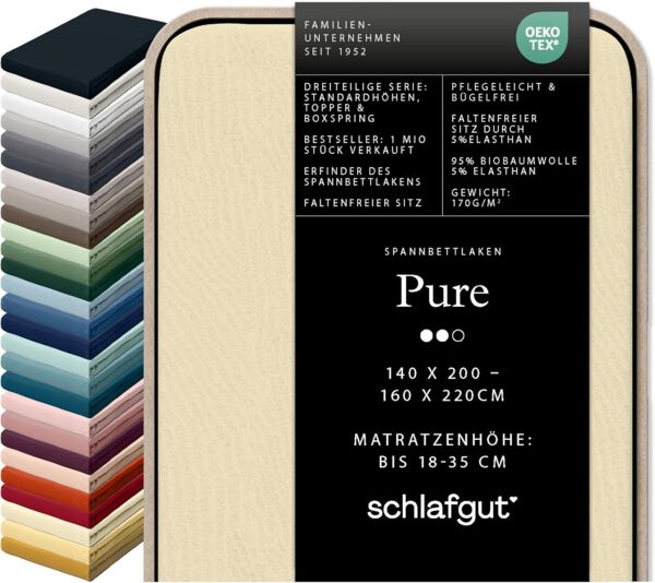Schlafgut Spannbettlaken PURE Bio-Baumwolle mit Elasthan, dehnbar blickdicht, straff, Bettlaken, Jersey, Gummizug: rundum, (1 Stück), PREMIUM Laken für Matratzen bis 30cm Höhe, in 90x200, 140x200, 180x200
